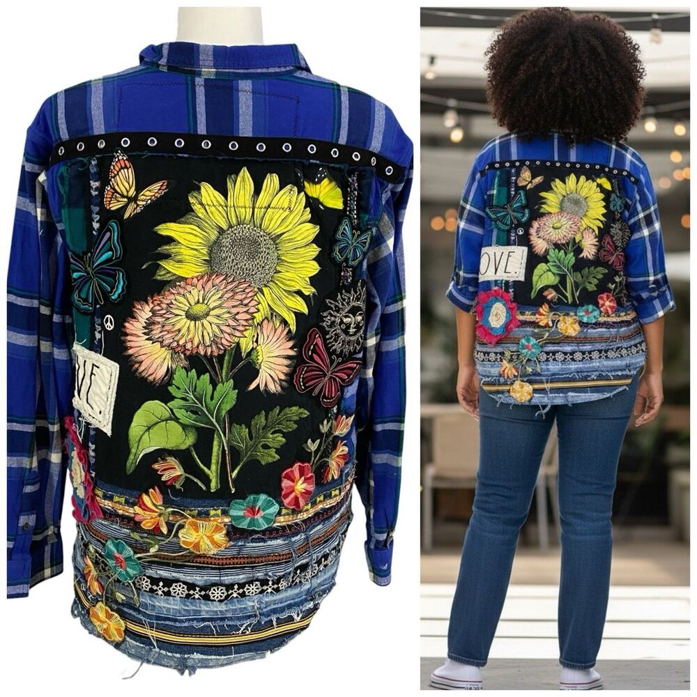 Upcycled Sunflower Butterfly Flannel Jacket Shacket Womens 2XL Boho Grunge OOAK